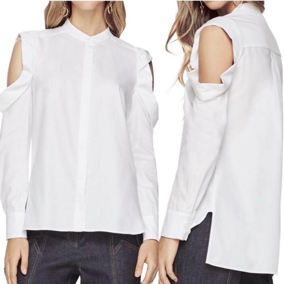 BCBG MaxAzria Nishani Cold Shoulder Bib Collar Button Down Long Sleeve Shirt - Picture 2 of 13